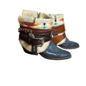 Dan Post Embellished Upcycled Belted Aztec Cowboy Boots Multicolor Size 7.5